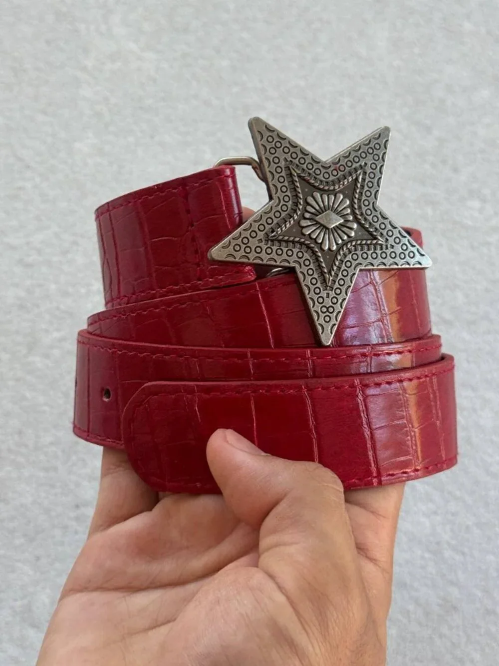 Red Faux Croc Western Star Buckle Belt